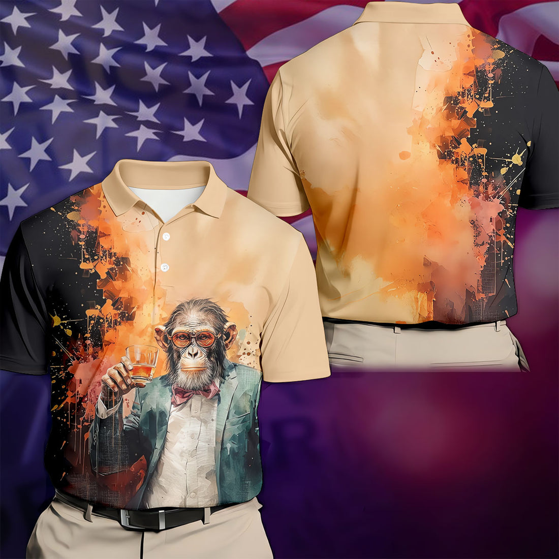 Gentleman Monkey Whiskey Golden Sunset Hawaiian Golf Polo, Golf Tops For Men, Golfing Apparel
