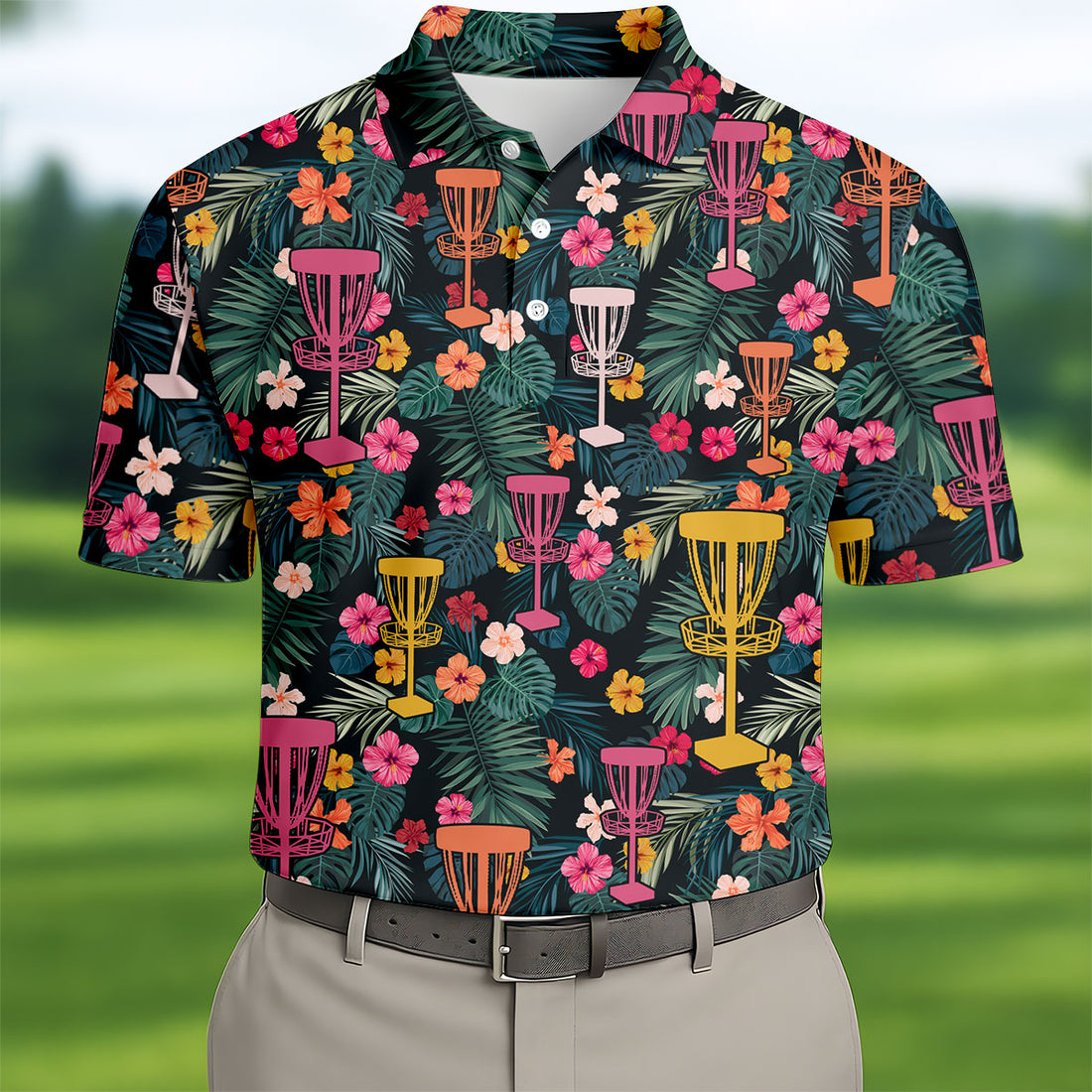 Dark Tropical Disc Golf Basket Polo Shirt, Printed Golf Shirts, Golf Apparel For Men
