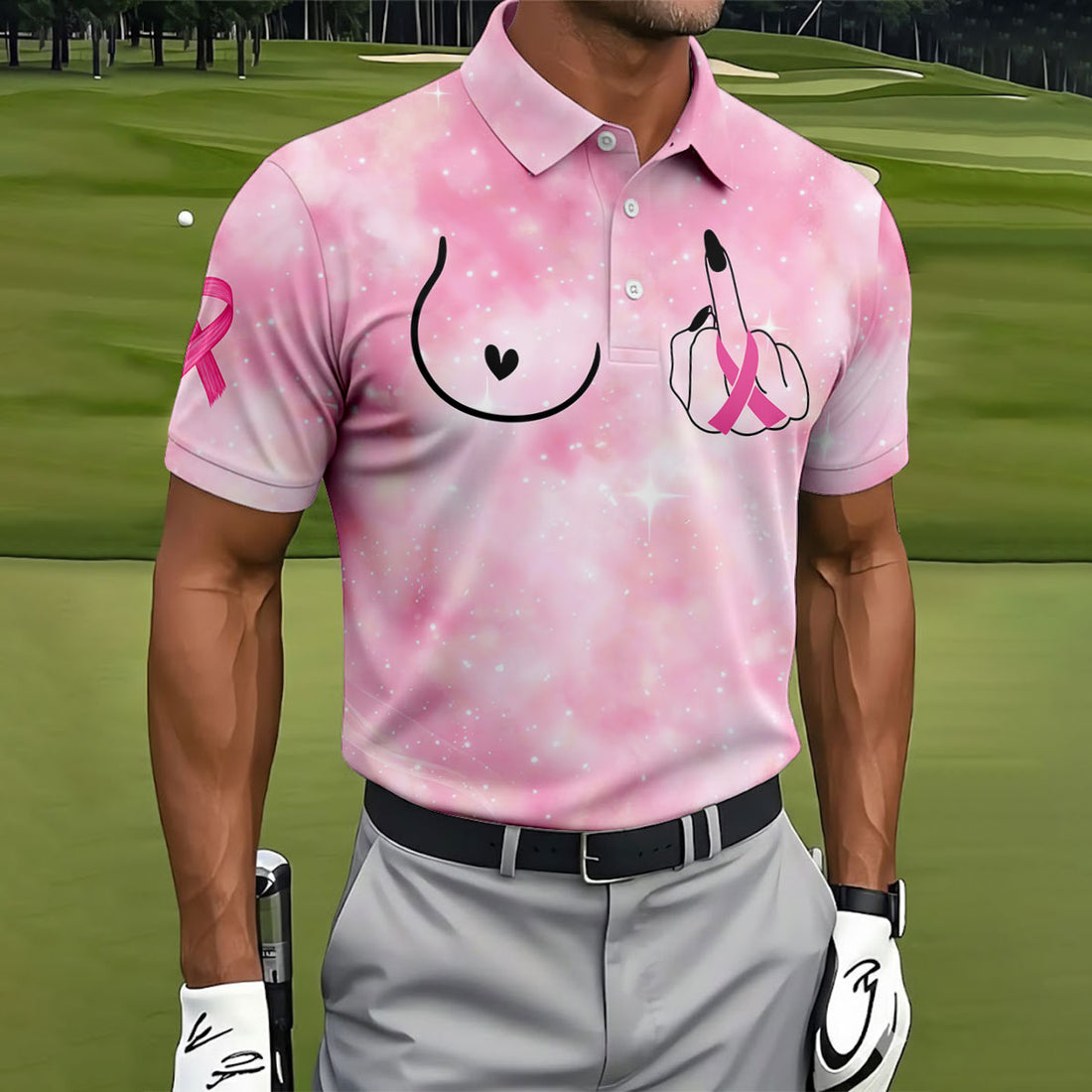 Pink Ribbon Middle Finger Breast Cancer Polo Shirt, Mens Golf Polo, Printed Golf Shirts