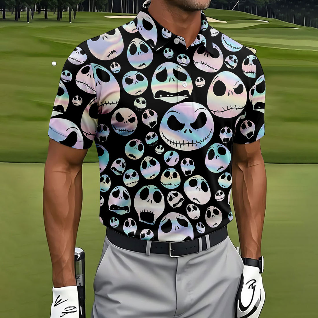 Black Horror Character Skull Face Halloween Polo Shirt, Mens Golf Polo, Printed Golf Shirts