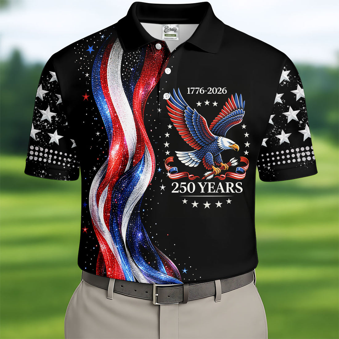 America Bald Eagle Red And White Striped Ribbon 4th Of July Golf Shirt, 250th Anniversary Golf Shirts For Men