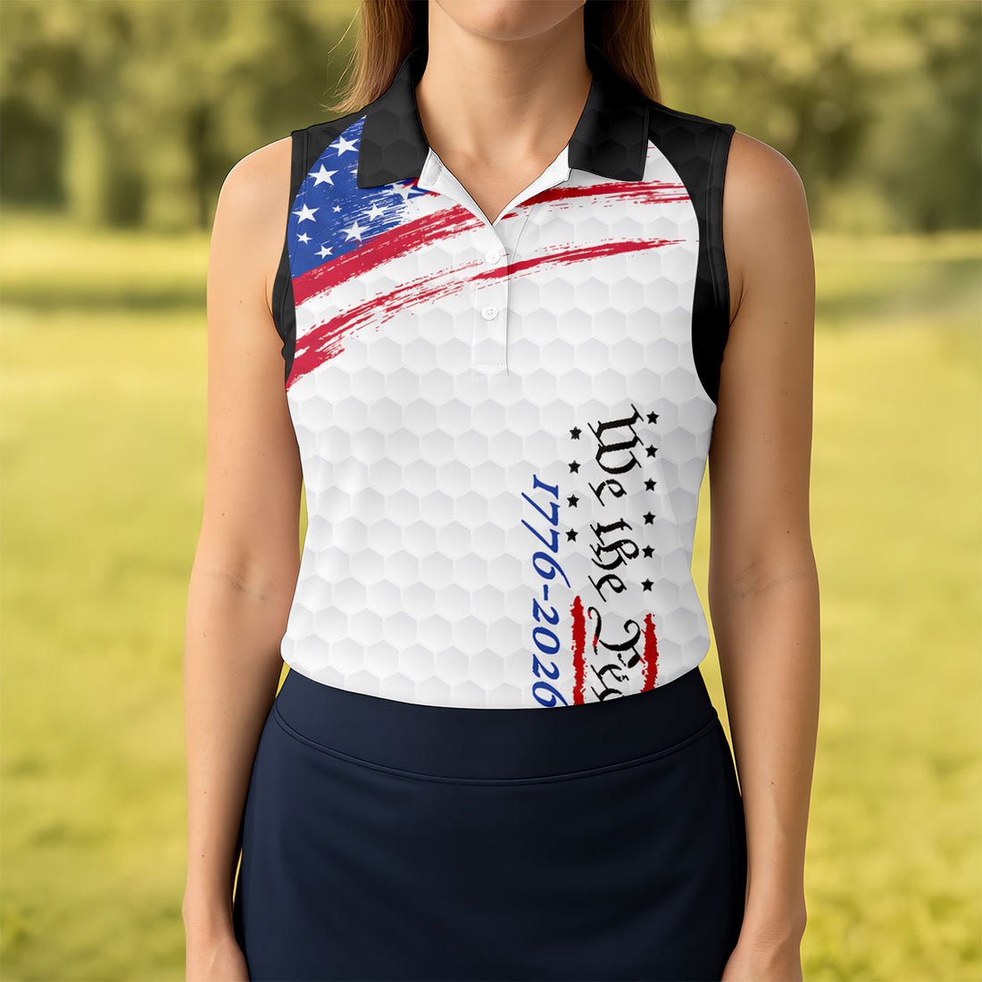 We The People 1776-2926 American Flag Brush Black Golf Shirt, 250 Years Patriotic 4th Of July Golf Shirt For Women