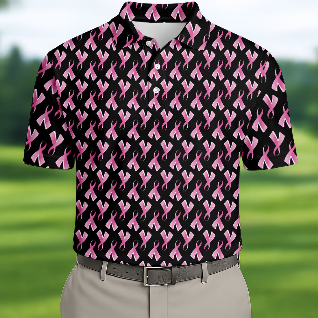 Pink Ribbon Pattern Breast Cancer Polo Shirt, Men's Golf Shirt, Mens Golf Apparel