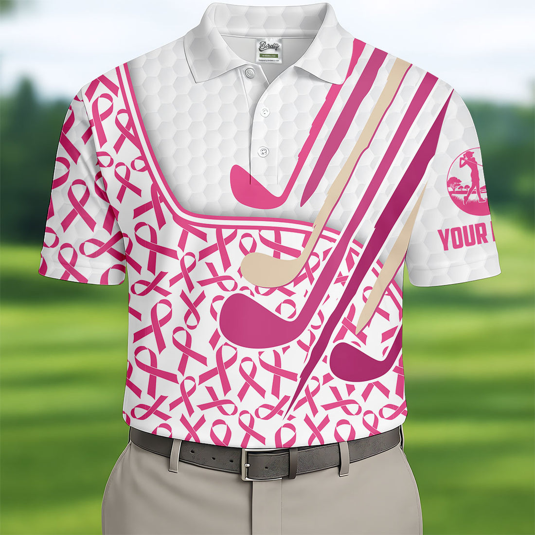 Custom Pink Ribbon Golf Club Breast Cancer Polo Shirt, Mens Golf Polo, Printed Golf Shirts