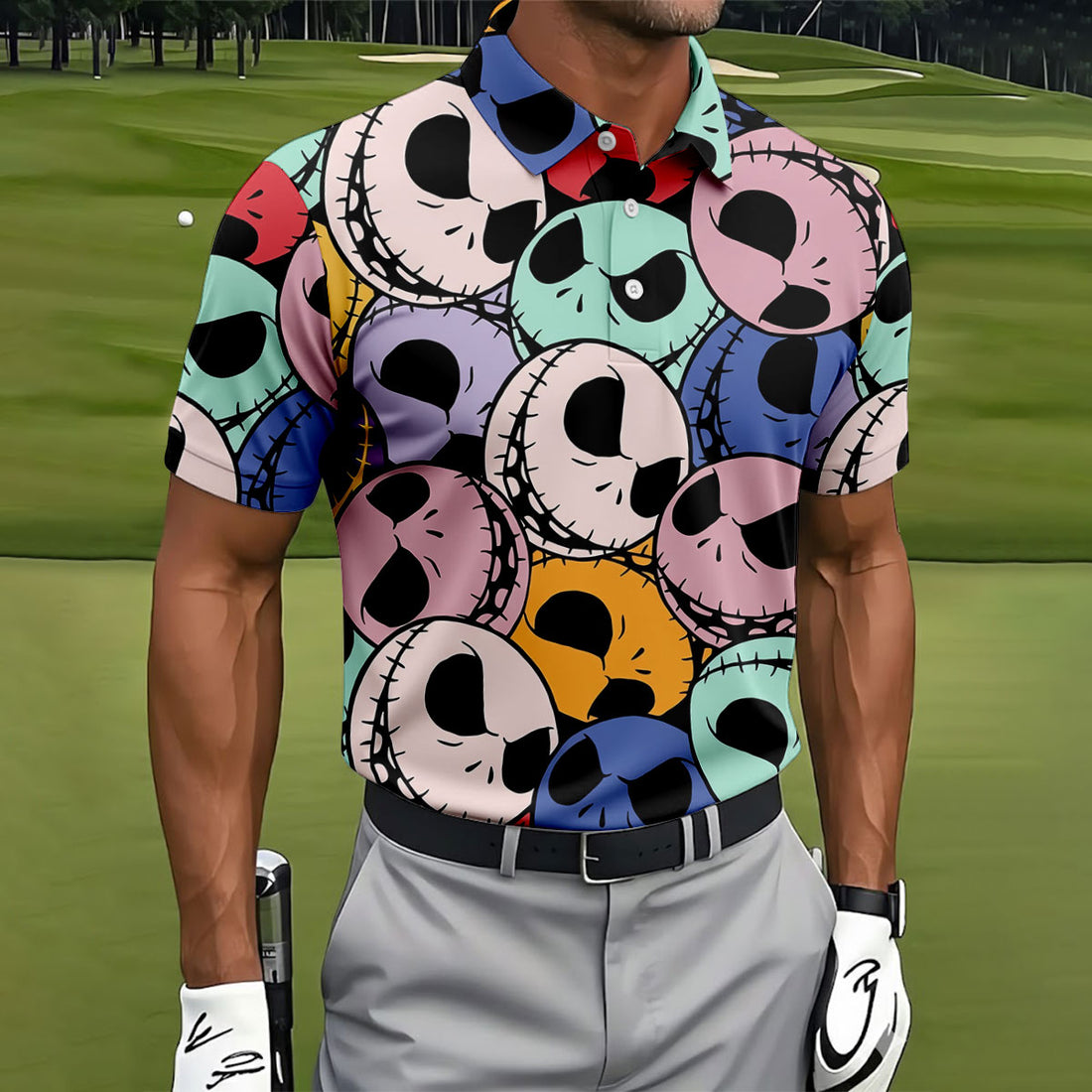Colorful Cartoon Skull Halloween Golf Polo Shirt, Polo Shirts For Men, Printed Golf Shirts