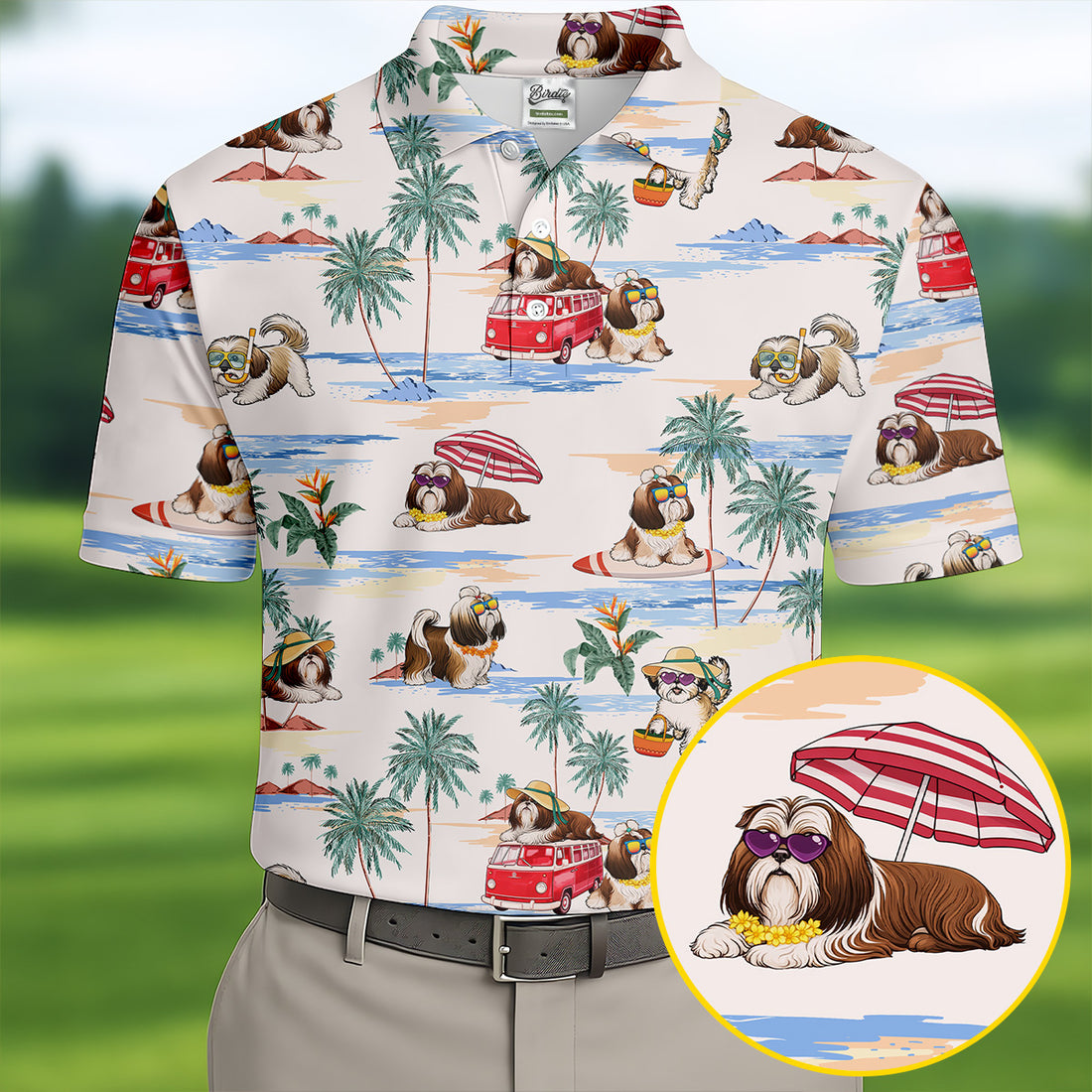 Beach Vacation Shih Tzu Print Hawaiian Golf Polo, Golf Tops For Men, Golfing Apparel