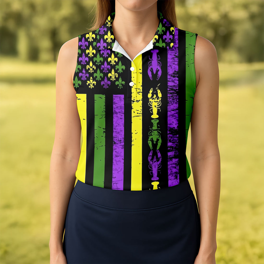 Mardi Gras Flag Fleur-De-Lis Symbol Crawfish Pattern Women's Golf Tops, Women's Golf Shirts, Ladies Golf Polos
