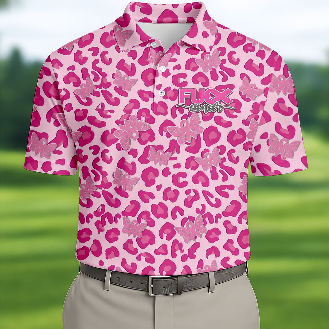 F*ck Cancer Leopard Butterfly Breast Cancer Polo Shirt, Men's Golf Shirt, Mens Golf Polo