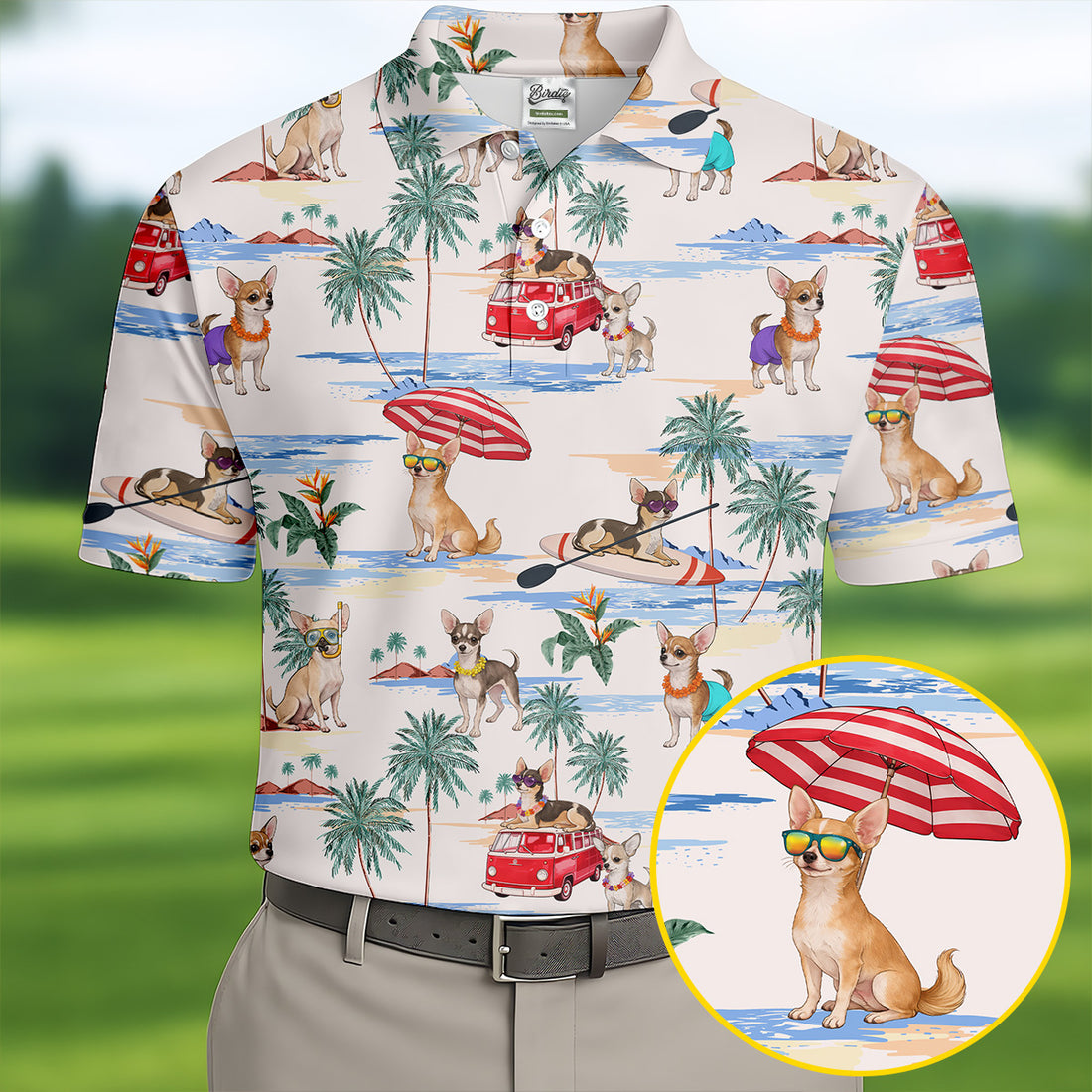 Summer Chihuahua Paradise Pattern Hawaiian Golf Polo, Golf Tops For Men, Golfing Apparel