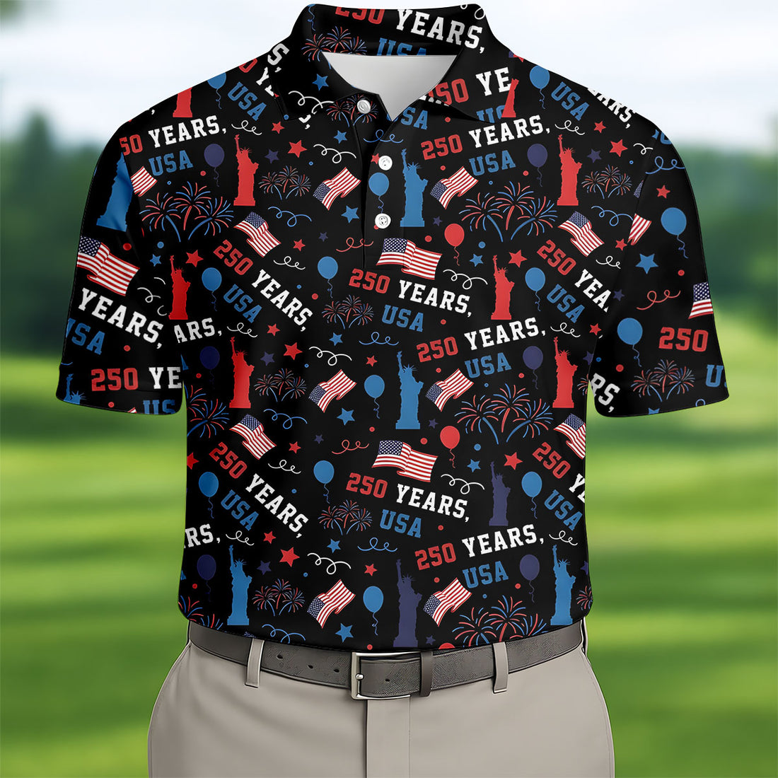 250 Years USA Red White Blue Seamless Pattern Black Golf Shirt, Patriotic 4th Of July Golf Shirts For Men
