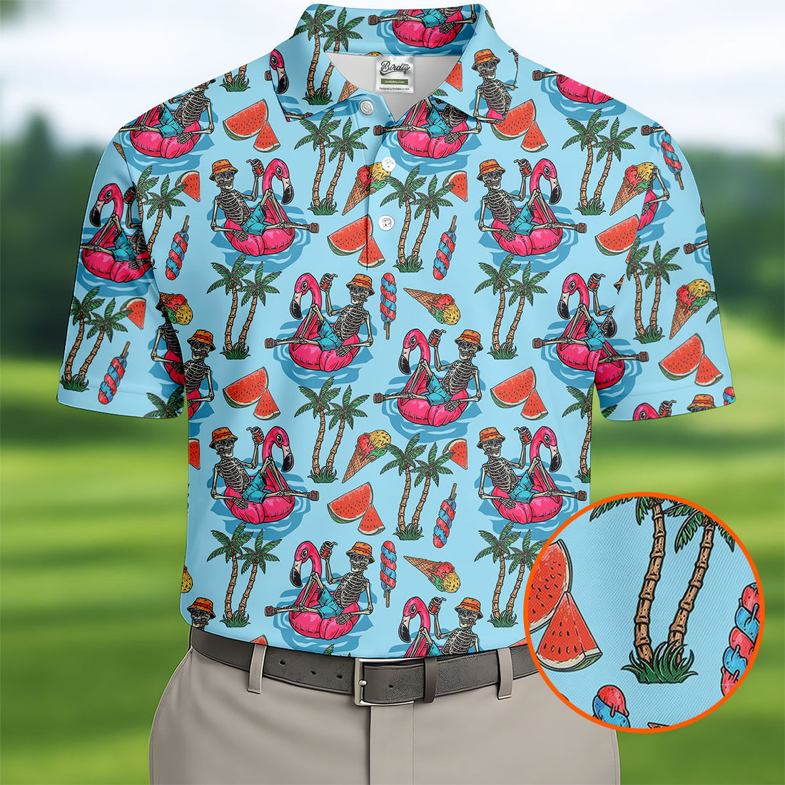 Skeleton Flamingo Summer Vibe Retro Golf Shirt, Men's Funny Golf Shirts, Polo Shirts For Men, Golf Shirts For Men