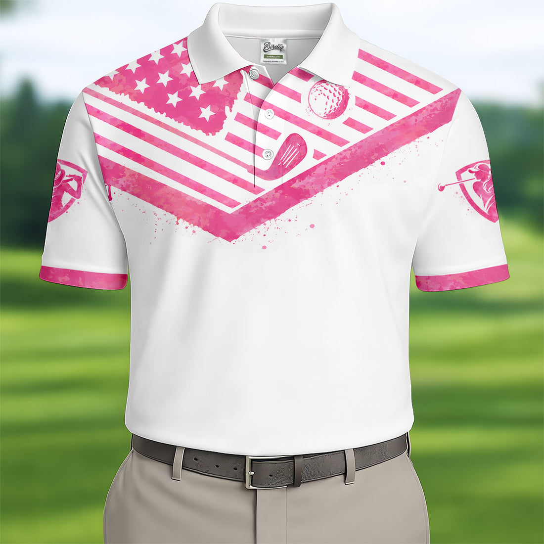 Swing For A Cure Pink Flag Breast Cancer Polo Shirt, Men's Golf Shirt, Printed Golf Shirts