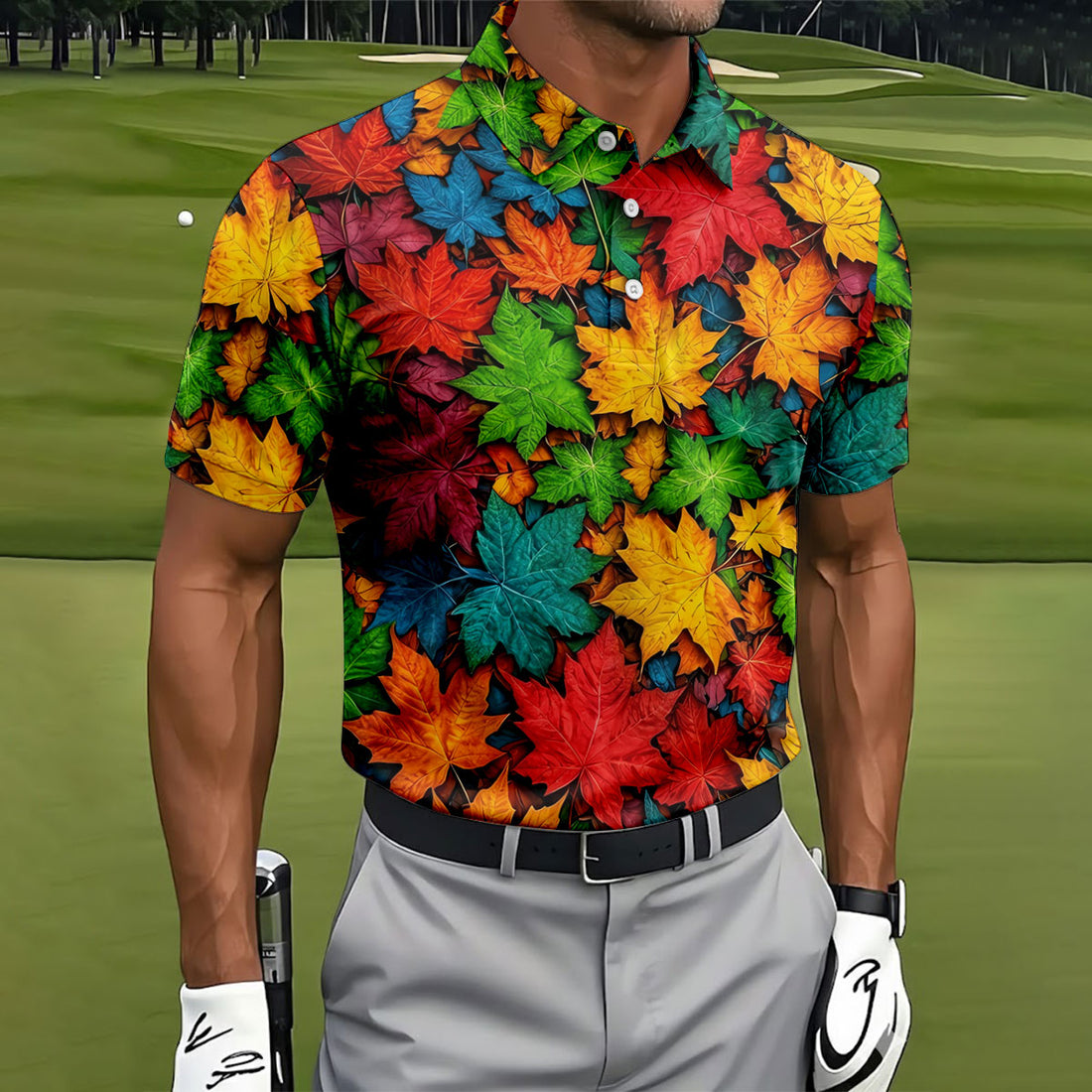 Vibrant Maple Leaf Autumn Forest Hawaiian Golf Polo, Golf Tops For Men, Golfing Apparel