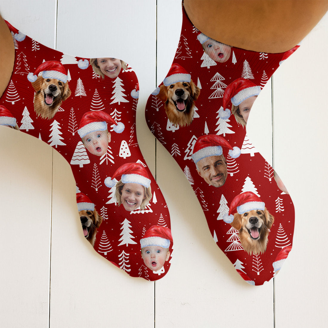 Custom Face Snow Pine Tree Red Golf Socks, Christmas Golf Socks, Golf Gift Idea