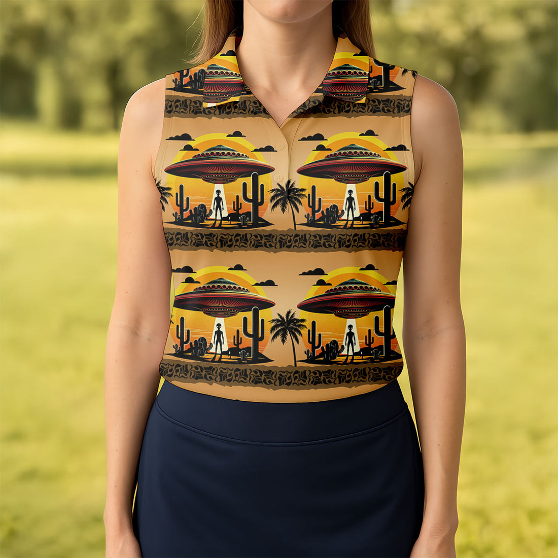 UFOs, Aliens and Cactus Desert Scene Hawaiian Golf Polo, Golf Tops For Women, Golfing Apparel