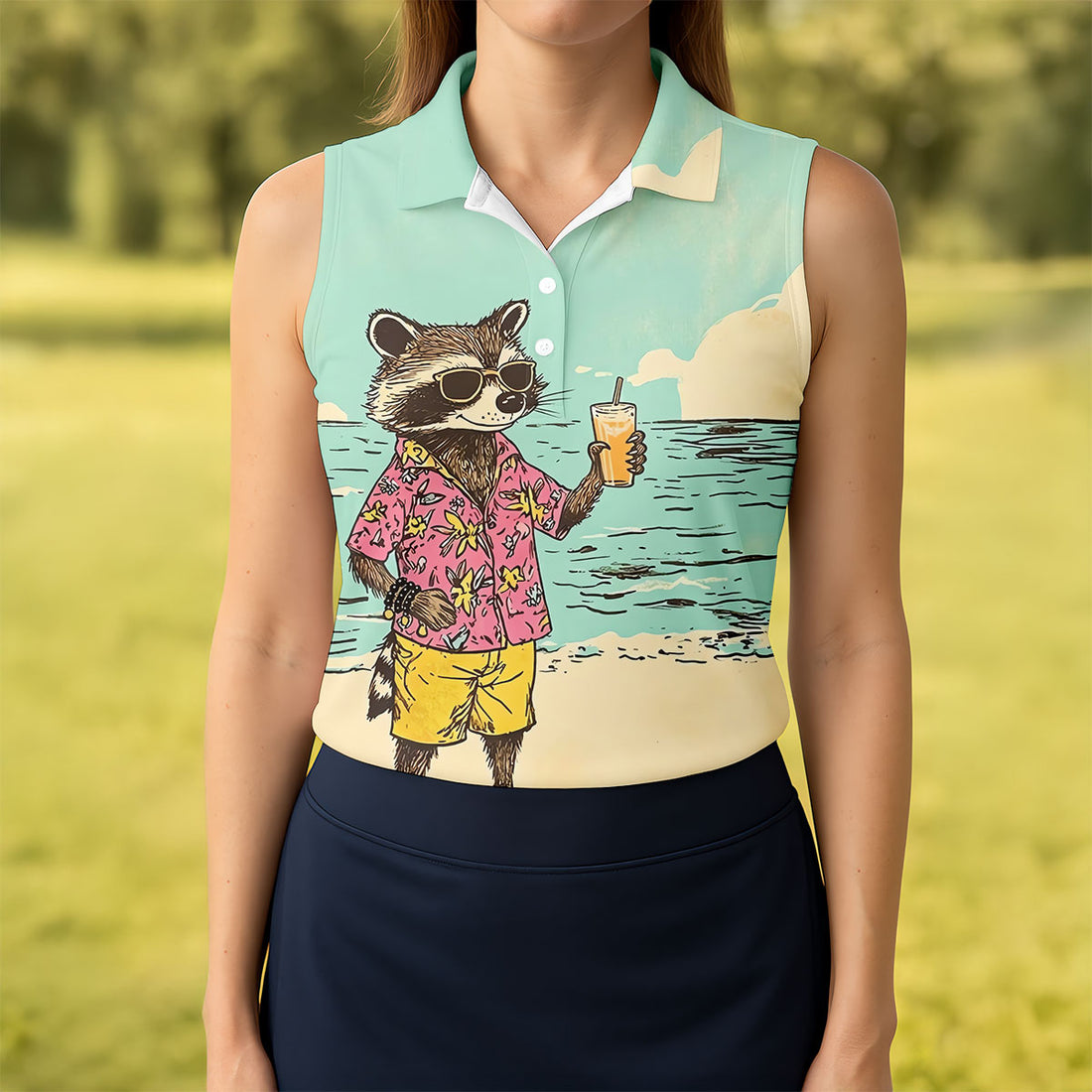 Raccoon Tropical Beach Escape Hawaiian Golf Shirt, Women's Golf Tops, Ladies Golf Shirts