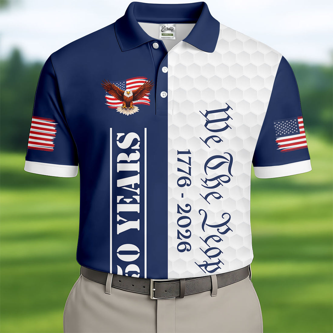 We The People Bald Eagle US Flag Golf Ball Pattern 250 Years Patriotic 4th Of July Golf Shirts For Men