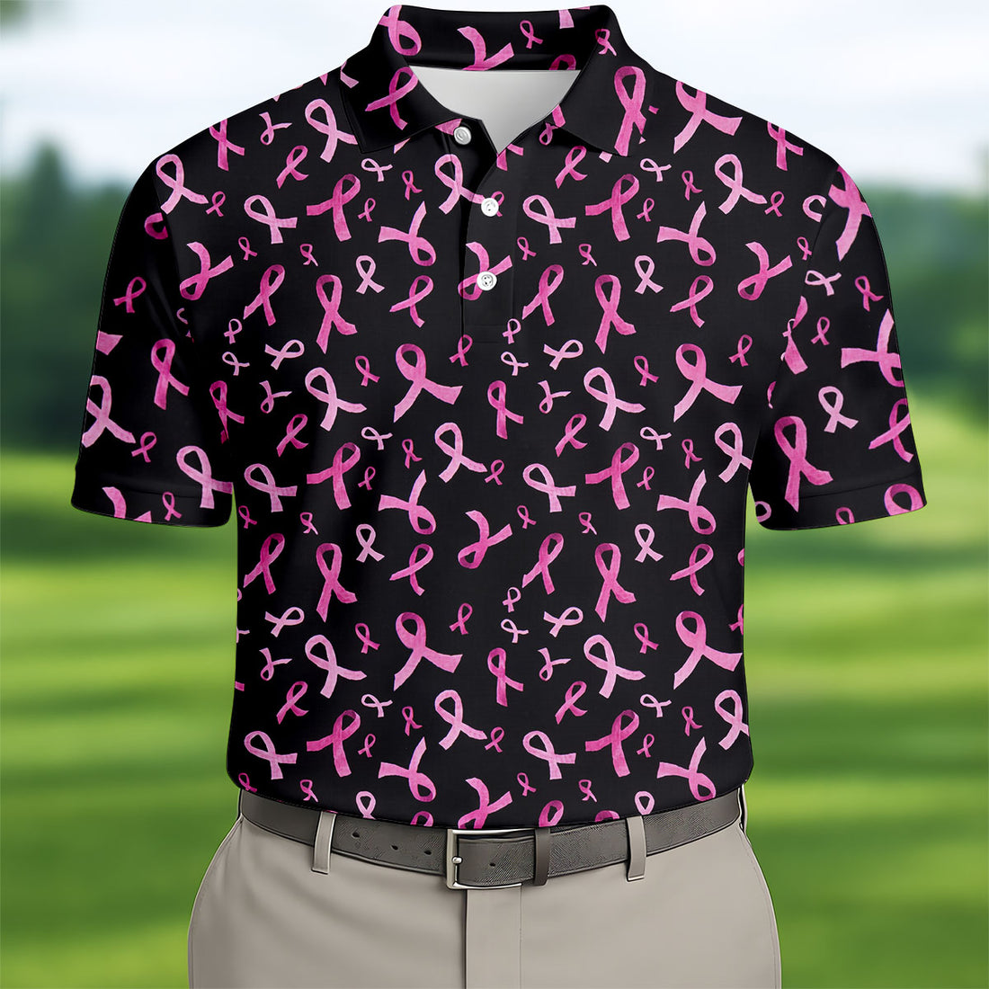 Watercolor Pink Ribbon Breast Cancer Polo Shirt, Polo Shirts For Men, Printed Golf Shirts