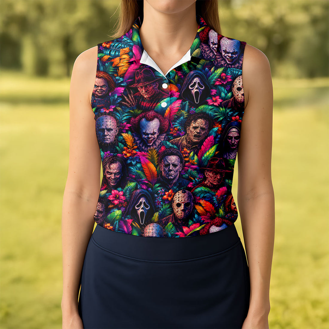 Tropical Horror Character Halloween Golf Shirt, Golf Shirts For Women, Women's Golf Apparel