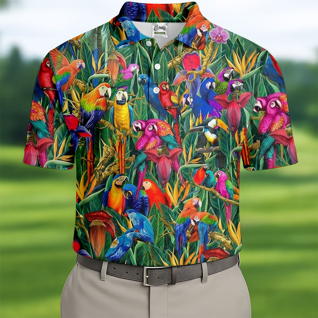 Tropical Colorful Parrots Rainforest Bird Print Golf Polo, Hawaiian Golf Shirt, Printed Golf Shirts