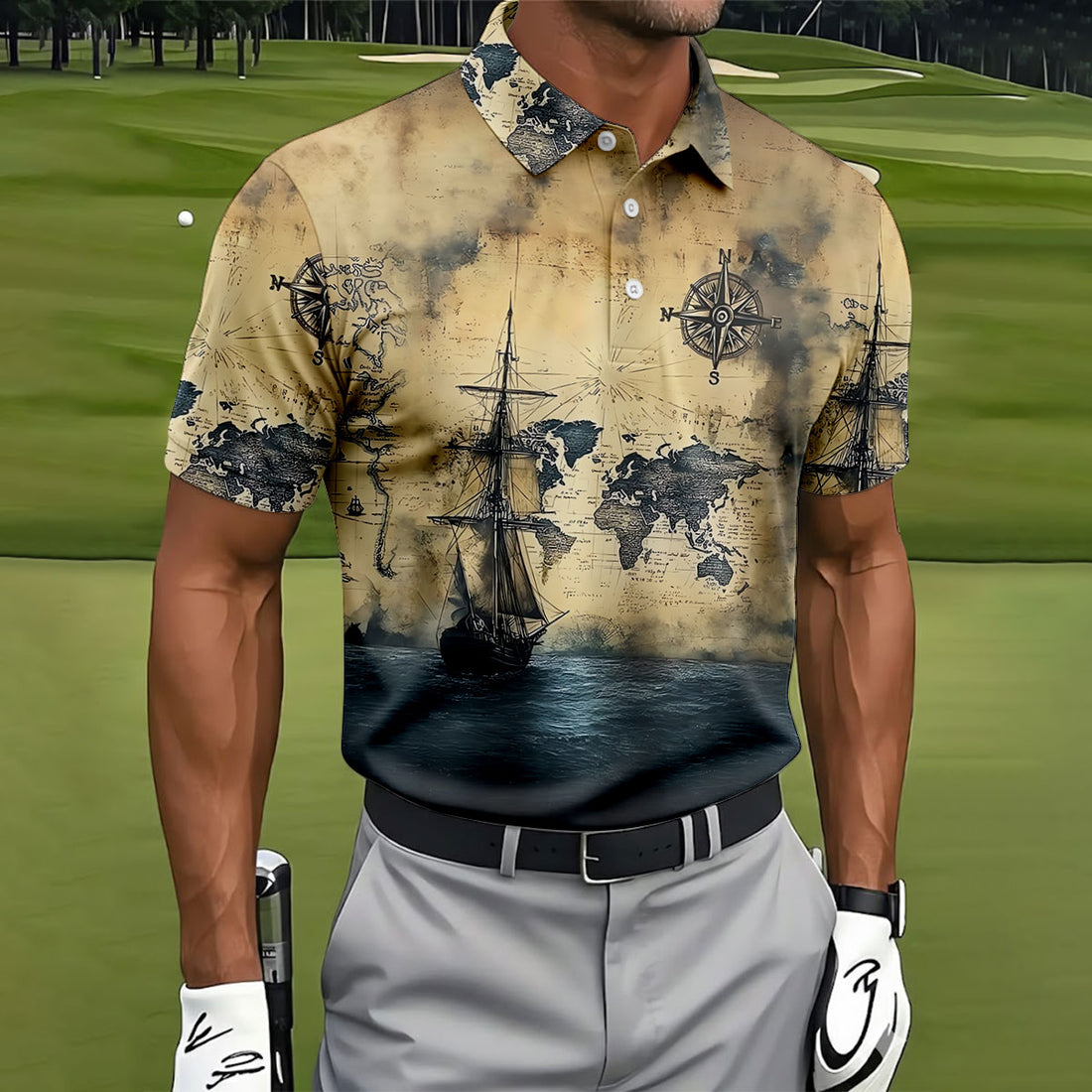 Vintage Ship Map Compass Ocean Golf Shirt, Hawaiian Golf Shirt, Mens Golf Shirts