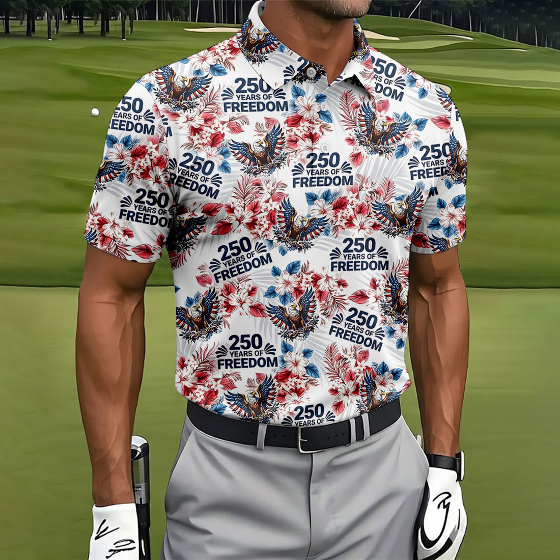 America 250 Years Of Freedom Tropical Vibe Patriotic Golf Shirt, 4th Of July Golf Shirt, Golf Shirts For Men