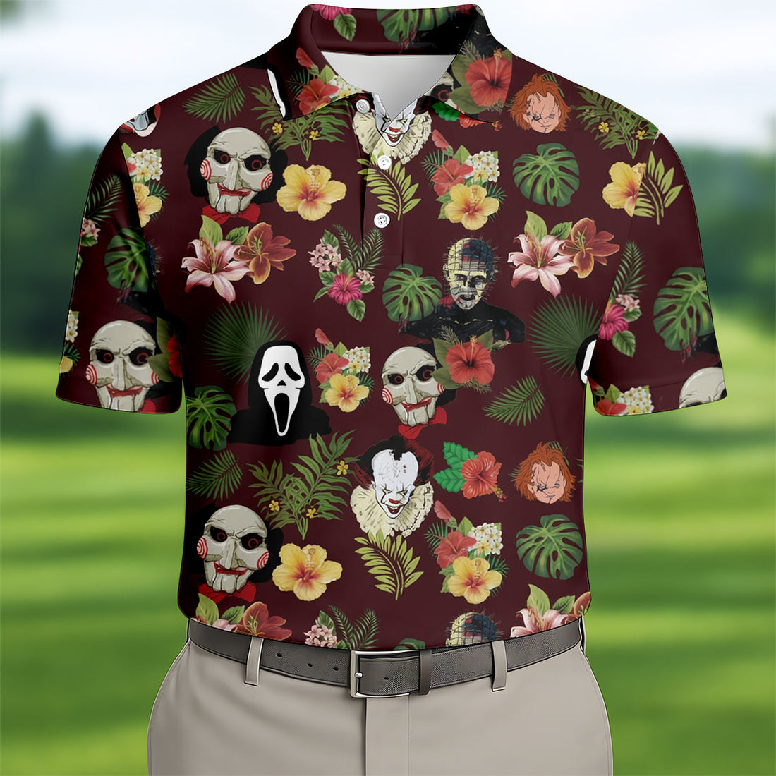 Floral Halloween Horror Character Hawaiian Golf Shirt, Men's Golf Shirt, Golf Polo Shirts For Men