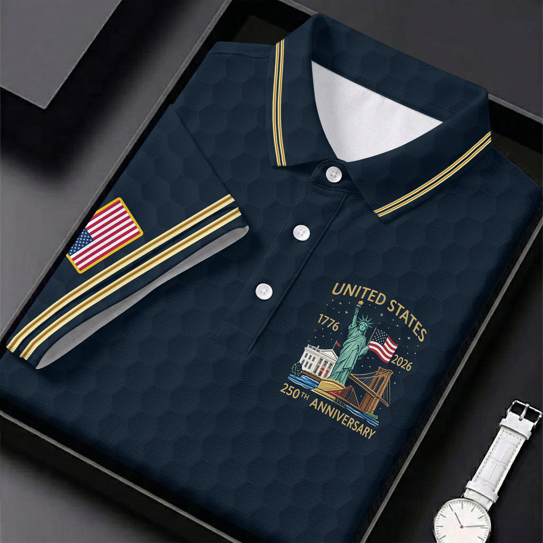 United States 250th Anniversary Golf Ball Pattern Navy Golf Shirt, 4th Of July Patriotic Golf Shirts For Men