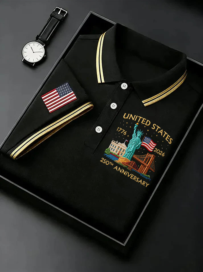 America 1776-2026 Patriotic Golf Polo Shirt, US 250th Anniversary 4th Of July Golf Shirts For Men