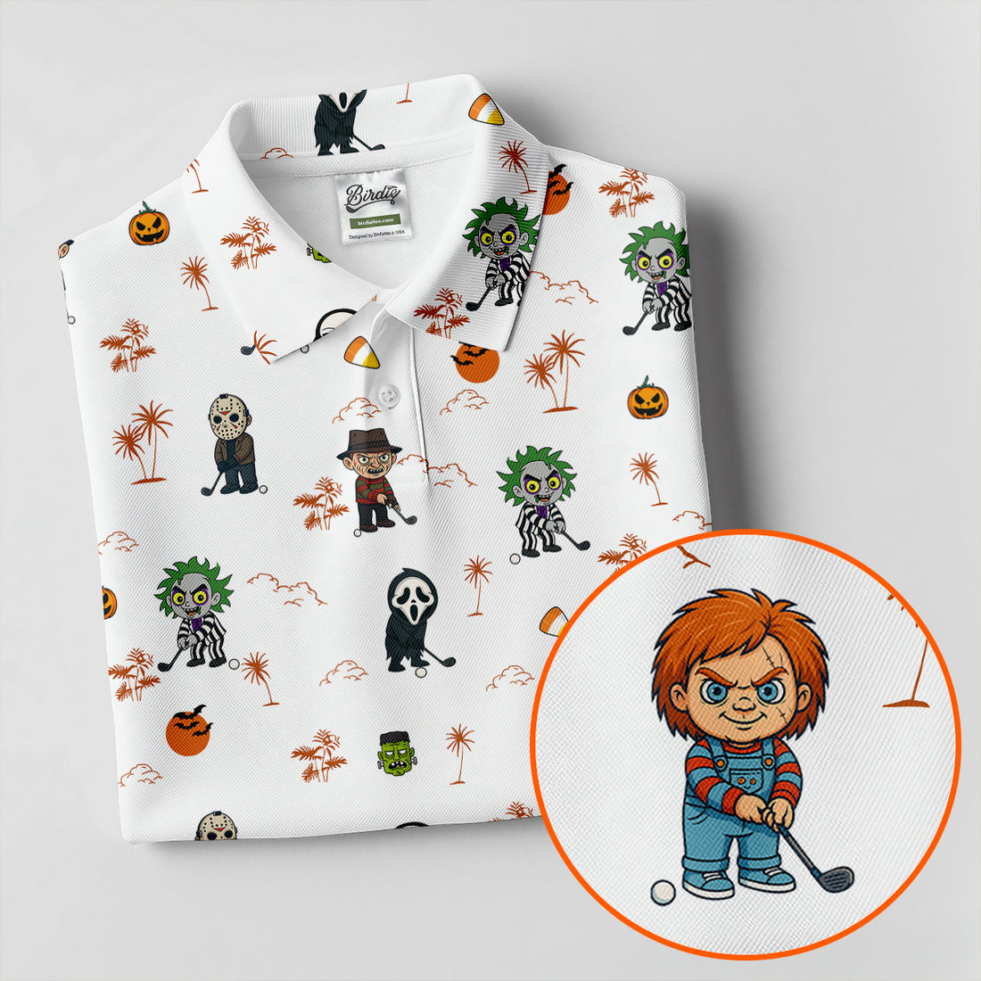 Horror Halloween Character Tropical Golf Shirt, Halloween Polo Shirts, Mens White Polo, Golfing Apparel