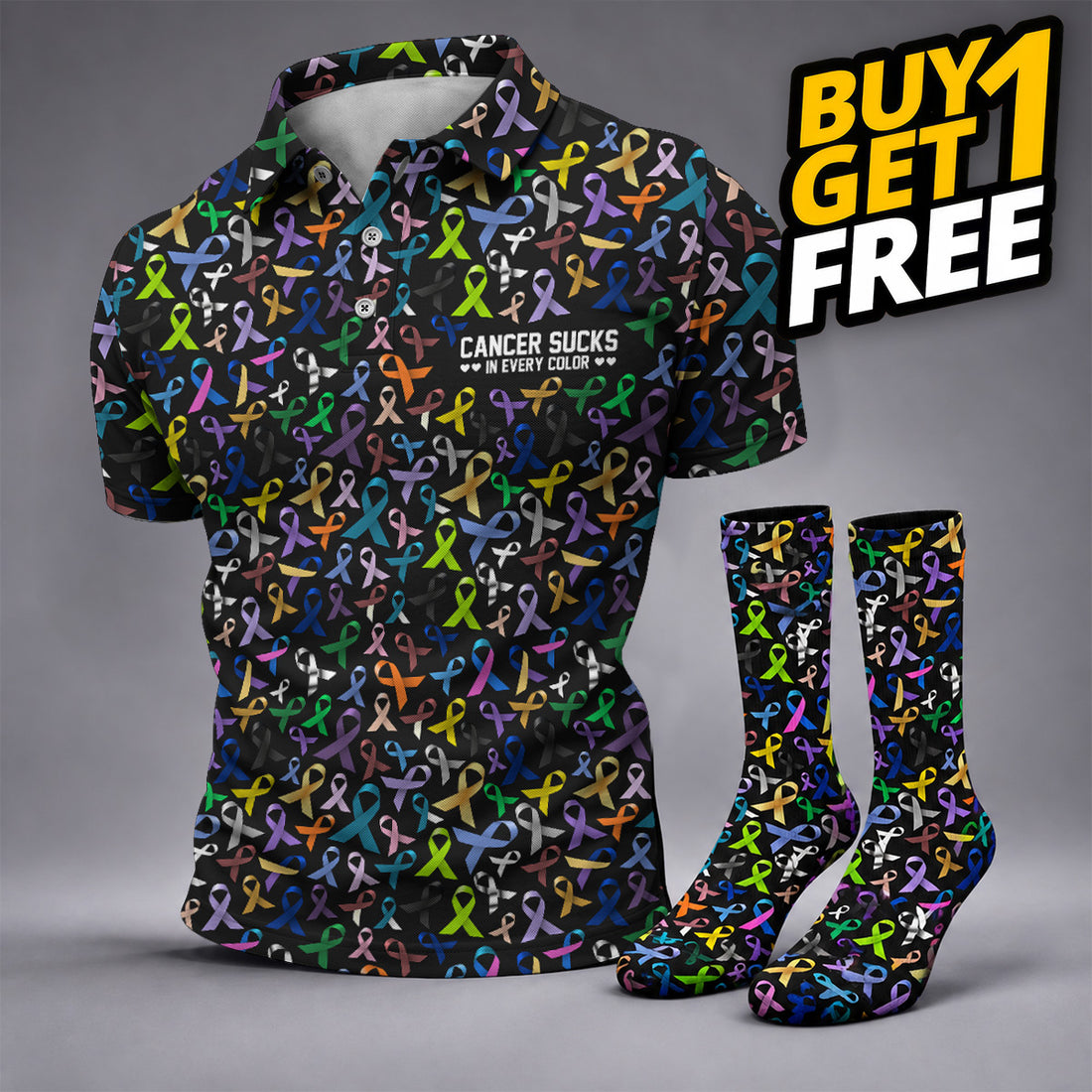 FREE SOCKS Cancer Sucks In Every Color Golf Tops For Men, Mens Golf Polo Shirts, Cancer Survivor Shirt