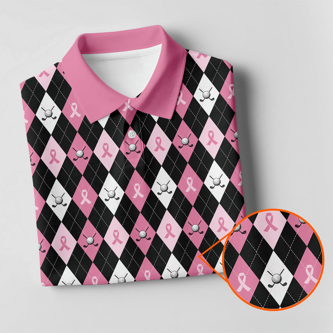 Black Pink Argyle Men's Golf Polo Shirt, Breast Cancer Golf Shirt, Golf Gift For Men, Matching Golf Shirts