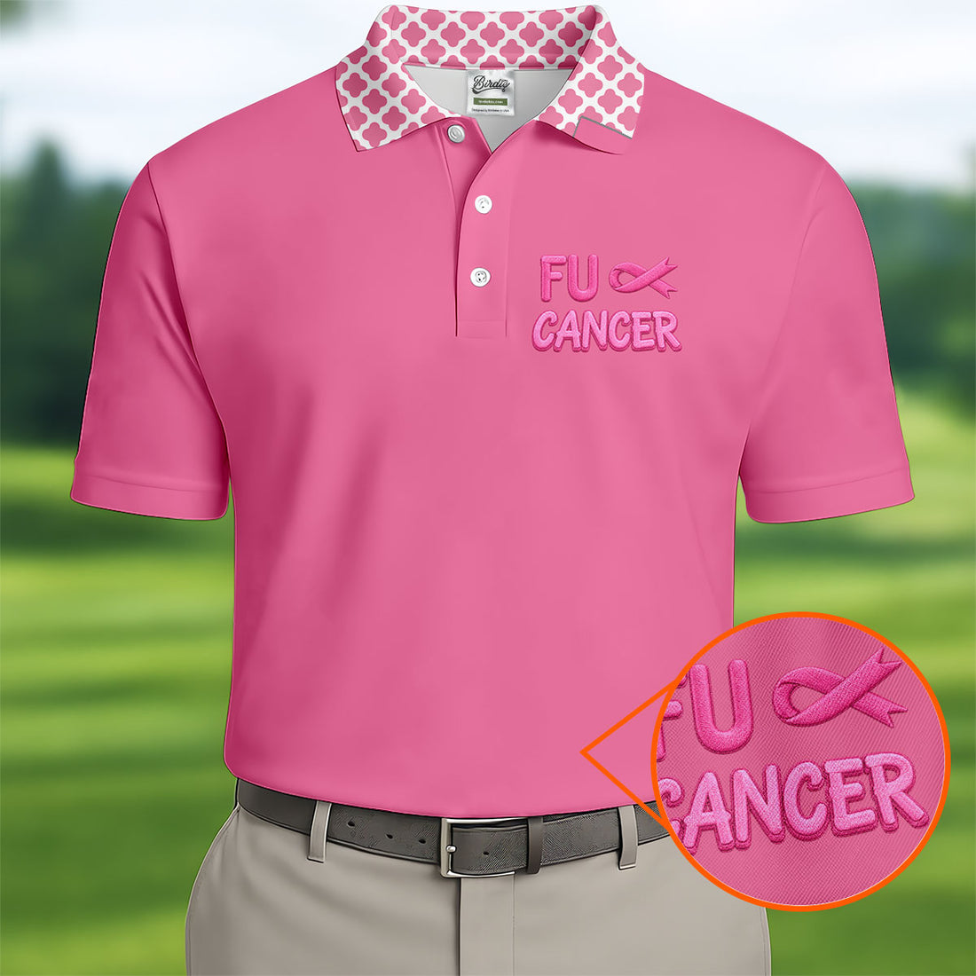 Pink F Cancer Skeleton Middle Finger Breast Cancer Polo Shirt, Men's Golf Shirt, Printed Golf Shirts