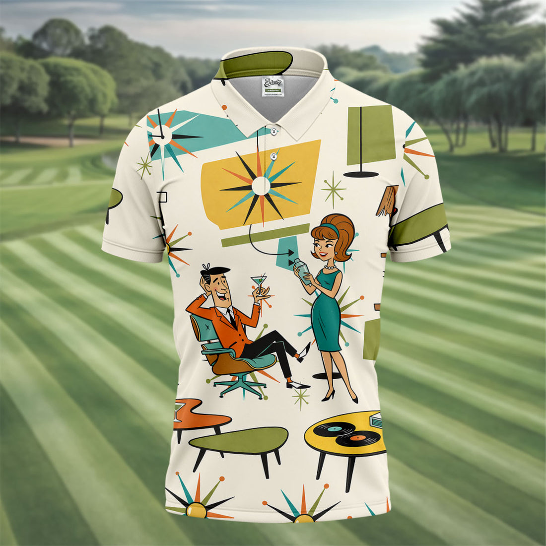 Atomic Cocktail Lounge Retro Hawaiian Golf Shirt, Men's Golf Shirt, Polo Shirts For Men