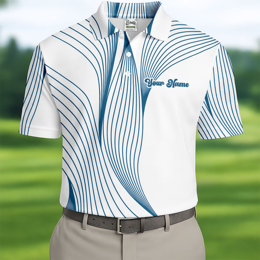 Geometric Line Wavy Line Blue And White Custom Name Golf Shirts For Men, Men's Golf Shirt, Polo Shirts For Men