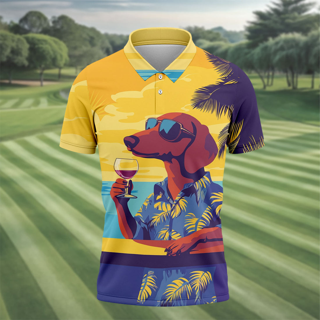 Funny Dachshund Beach Men's Polo Shirt, Hawaiian Golf Polo, Cool Golf Gifts, Unique Gift For Golfer