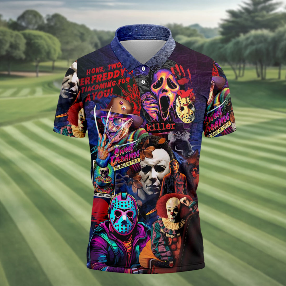 Vintage Horror Character Movie Villain Collage Halloween Shirt, Mens Golf Polo, Hawaiian Golf Shirt