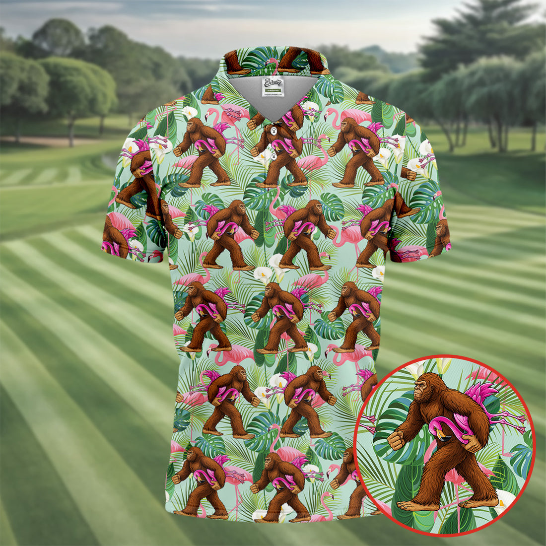 Tropical Sasquatch Paradise with Flamingo Float Design Hawaiian Golf Polo, Golf Tops For Men, Golfing Apparel