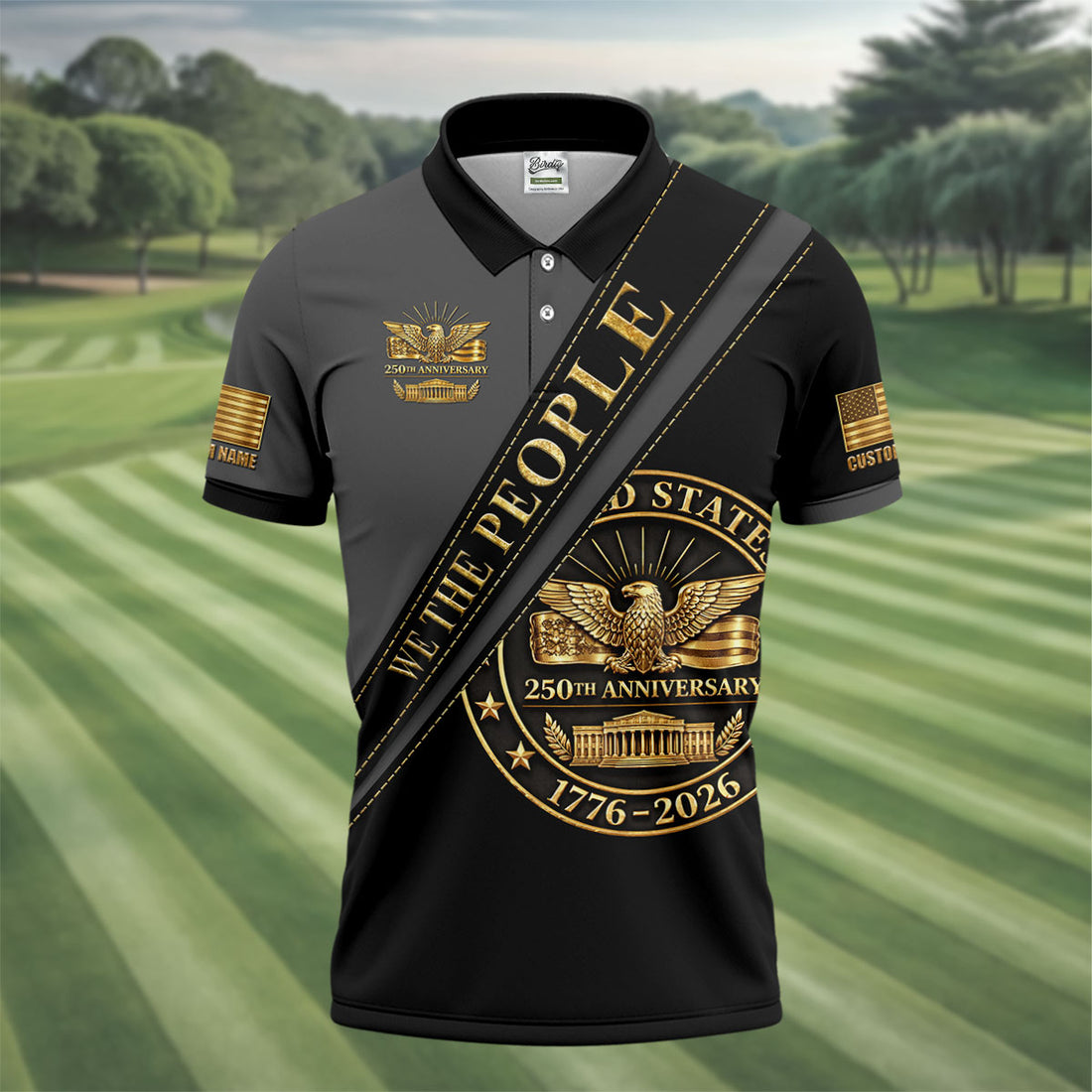 We The People 250th Anniversary Black And Gold Golf Tops For Men, Patriotic 4th Of July Golf Shirts For Men