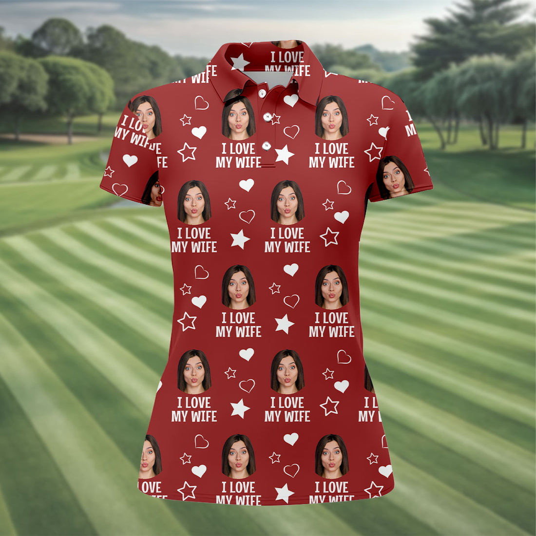 I Love My Husband Custom Face Red Golf Shirt, Fun Women's Golf Shirts, Valentines Golf Gift, Ladies Golf Shirts
