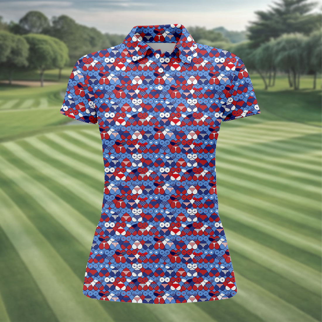 Red Blue White Naughty Fun Patriotic Golf Shirt, 250th Anniversary Fun Women's Golf Shirts, Ladies Golf Polos