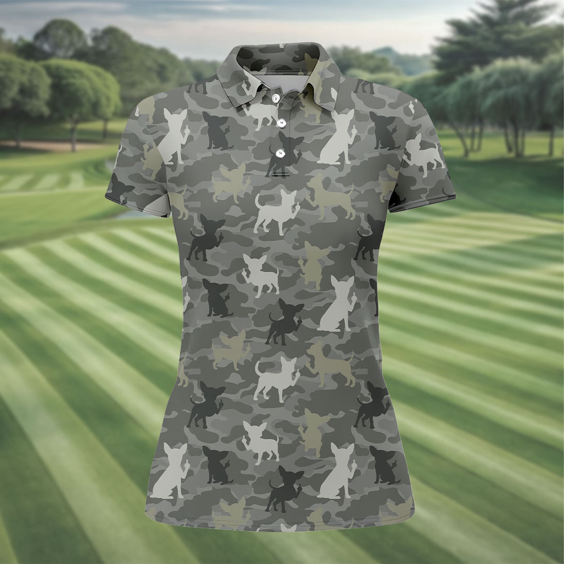 Grey Camo Chihuahua Dog Pattern Golf Polo Shirt, Women's Golf Shirt, Ladies Polo Shirt, Womens Golf Top