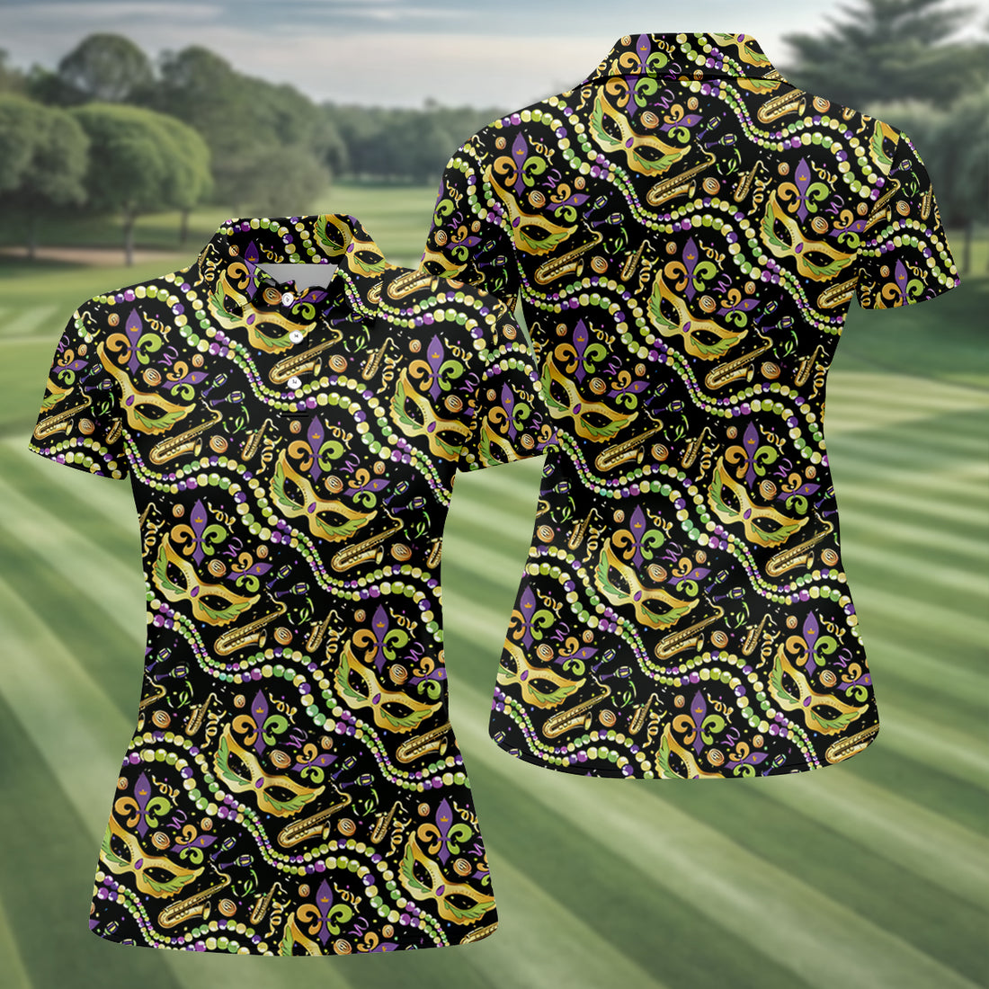 Gold Masquerade Mask Beads String Mardi Gras Golf Shirt, Ladies Golf Tops, Golf Shirt For Women