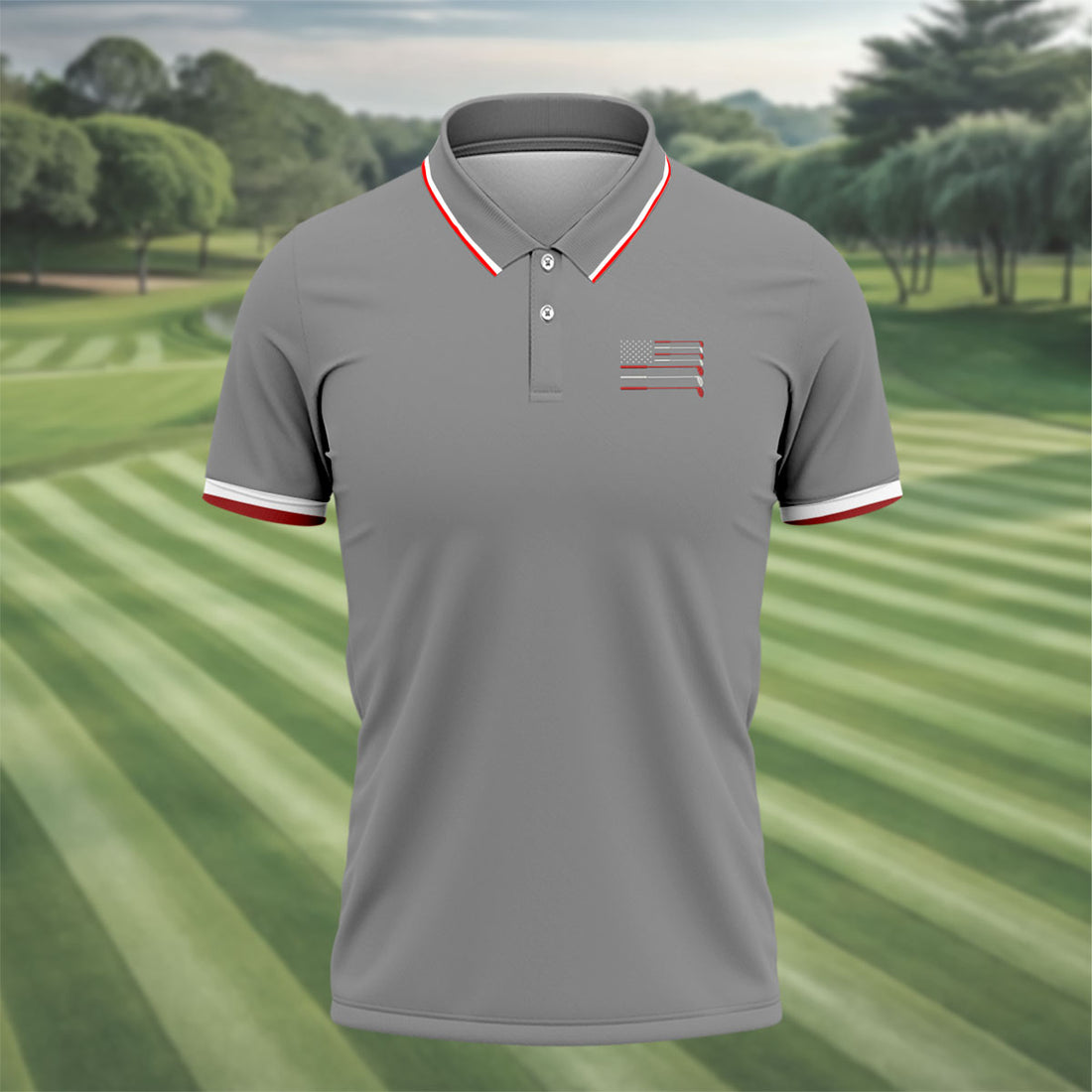 Golf Clubs US Flag Logo 250 Years Grey Golf Shirt, Patriotic 4th Of July Golf Shirts For Men