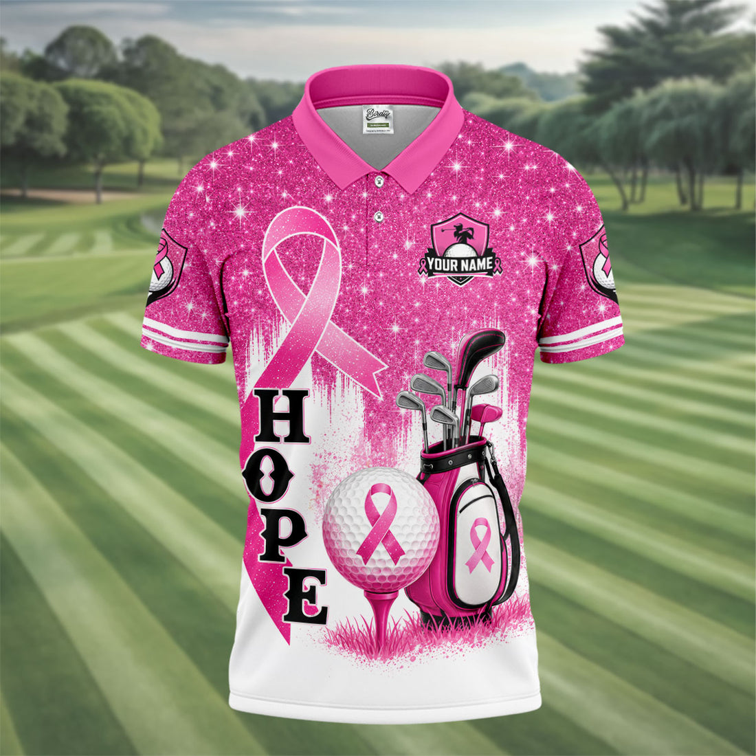Custom Male Golfer Hope Breast Cancer Polo Shirt, Golf Shirts For Men, Mens Golf Apparel