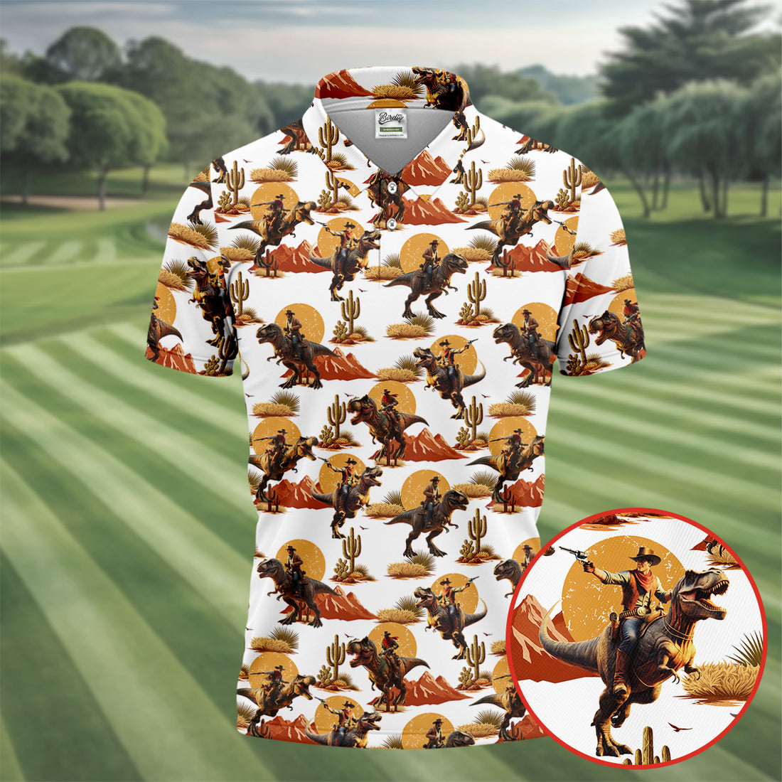 Cowboys Riding T-Rex Dinosaurs Design Design Design Hawaiian Golf Polo, Golf Tops For Men, Golfing Apparel