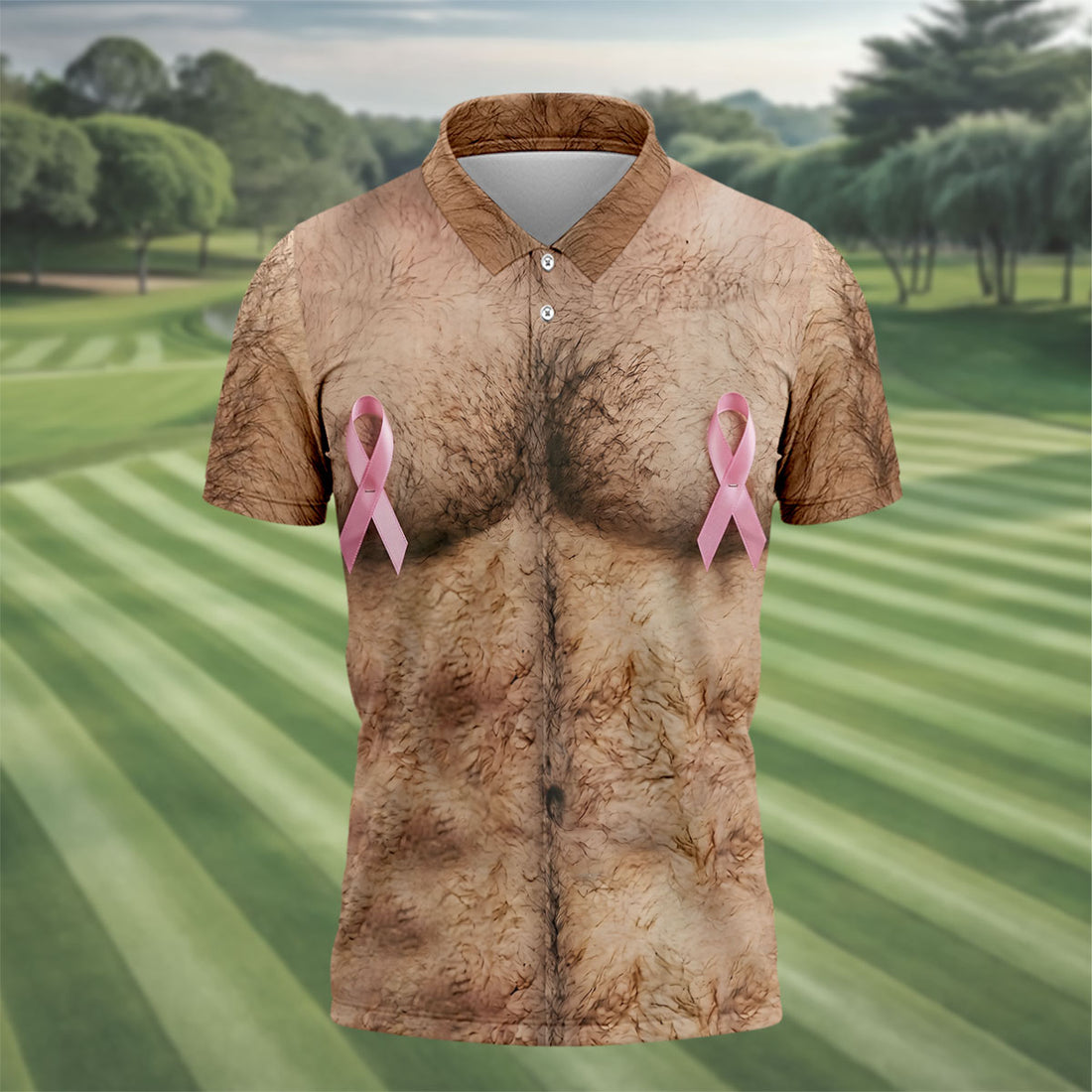 Pink Ribbon Hairy Chest Breast Cancer Golf Shirt, Mens Golf Polo, Golf Apparel For Men