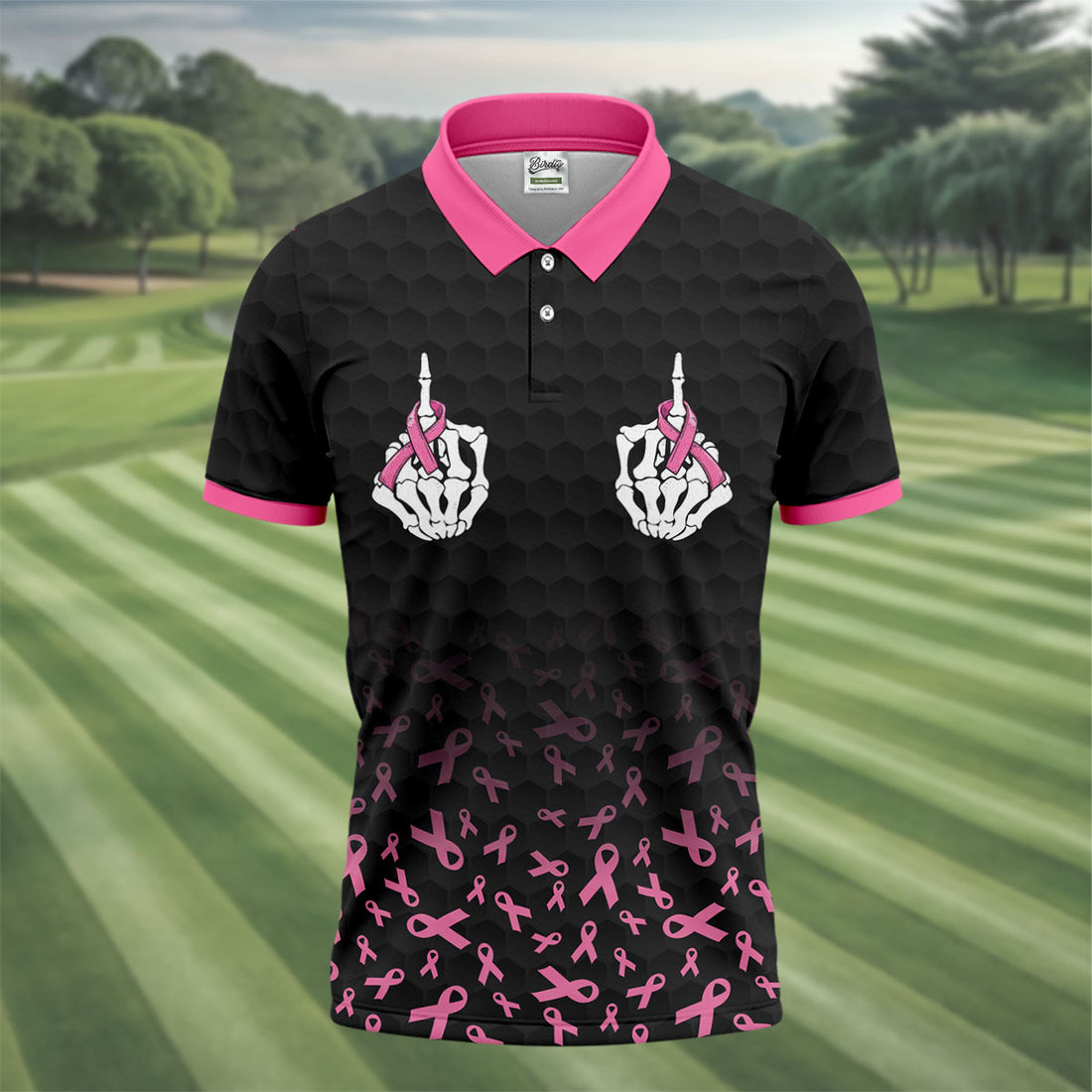 Two Skeleton Middle Fingers Breast Cancer Polo Shirt, Mens Polo Shirts, Mens Golf Apparel