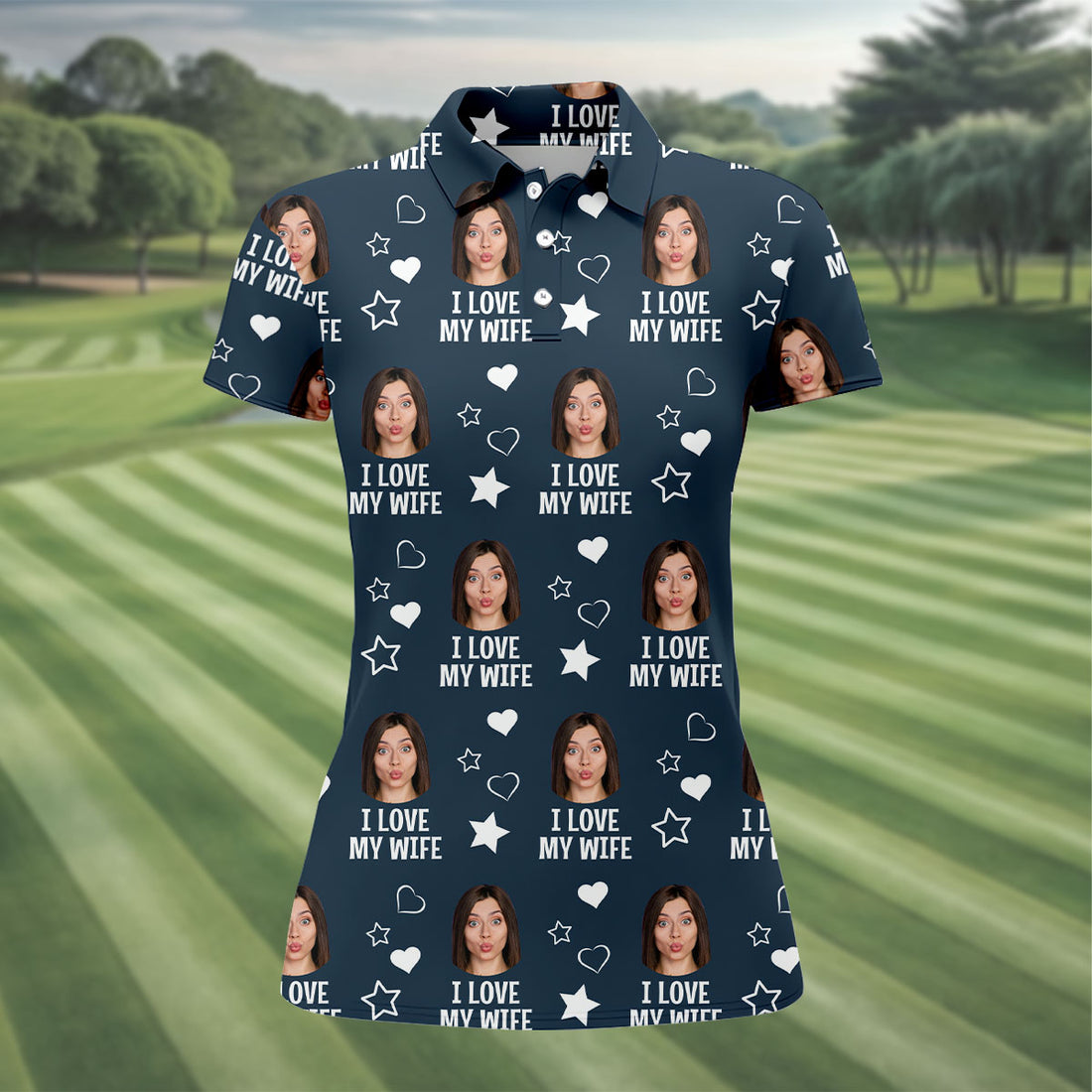 I Love My Husband Custom Face Navy Golf Shirt, Fun Women's Golf Shirts, Valentines Golf Gift, Ladies Golf Shirts