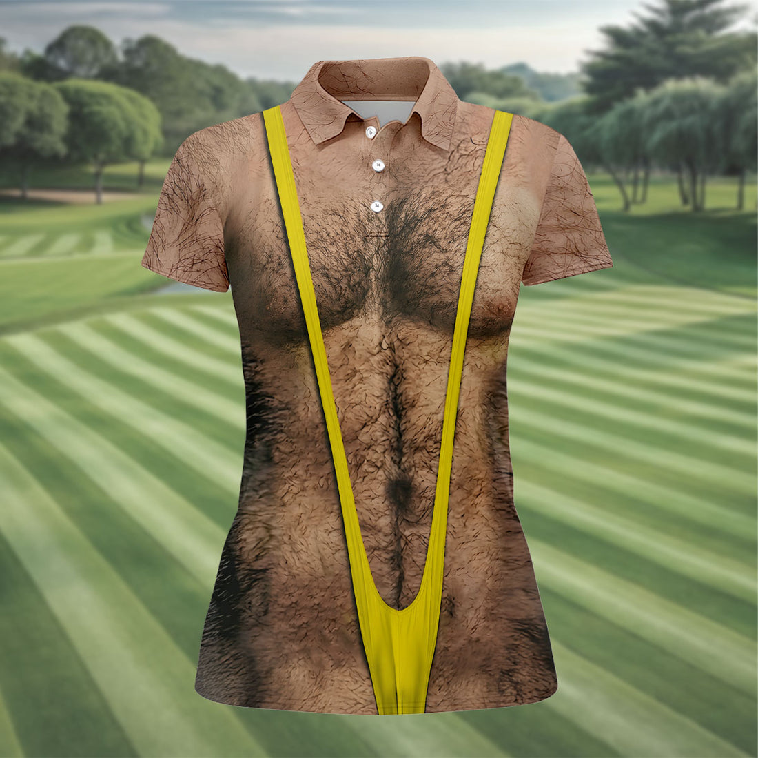 Funny Hairy Chest Yellow Suspender Golf Shirt, Funny Golf Shirt, Women's Golf Tops, Ladies Golf Shirts (Copy) (Copy)